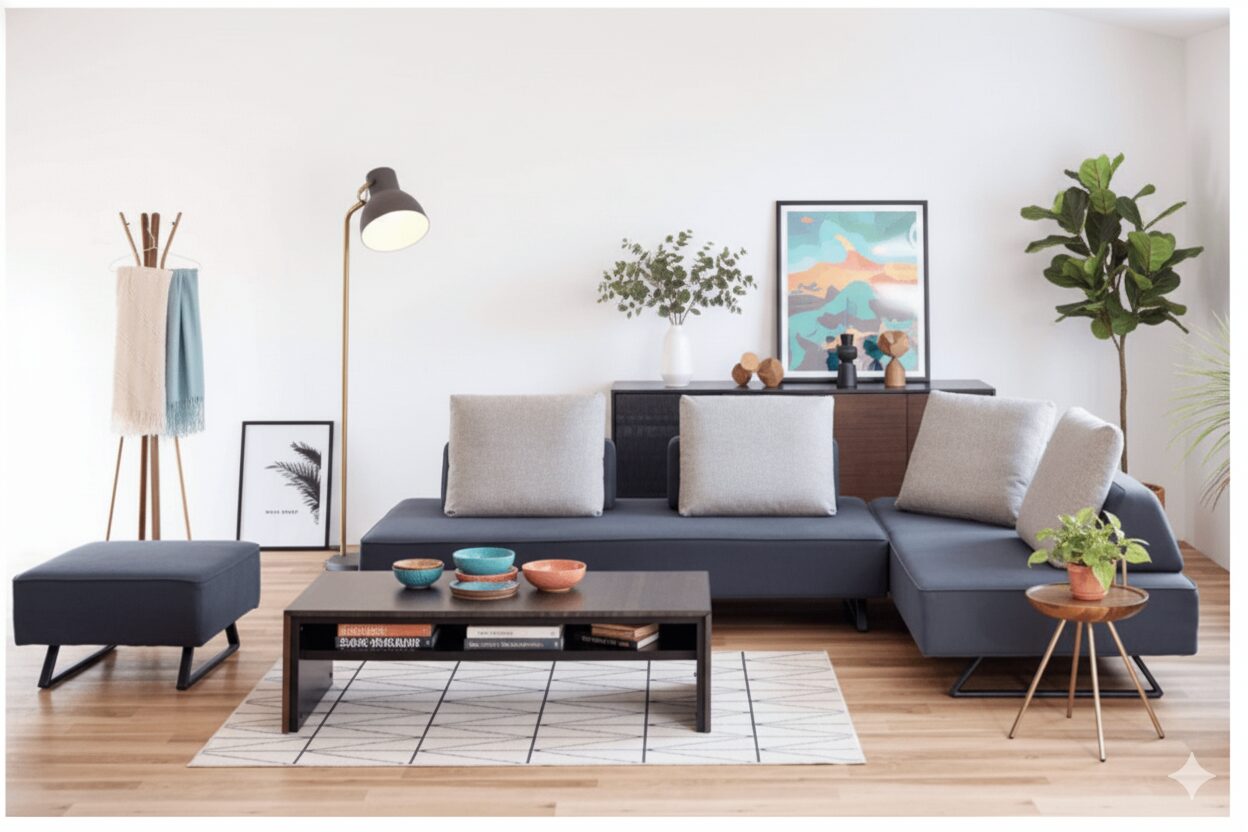 脚付きアイランドソファのある、モダンで開放的なリビングルーム。多様な小物が配置され、くつろぎと機能性を両立させた空間を演出しています。