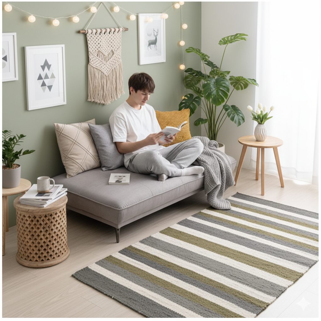 北欧風のリビングで、クッションにもたれて本を読む男性。クッションを多用することで、ソファでのリラックスした時間を快適に過ごせる様子。