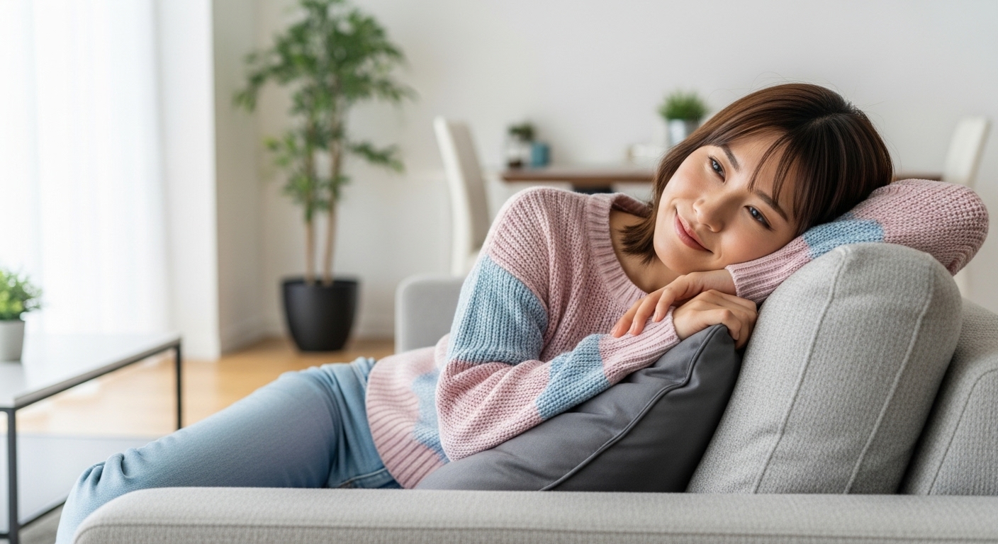 ソファの座り心地を確かめるために、深く座ってリラックスしている日本人女性。