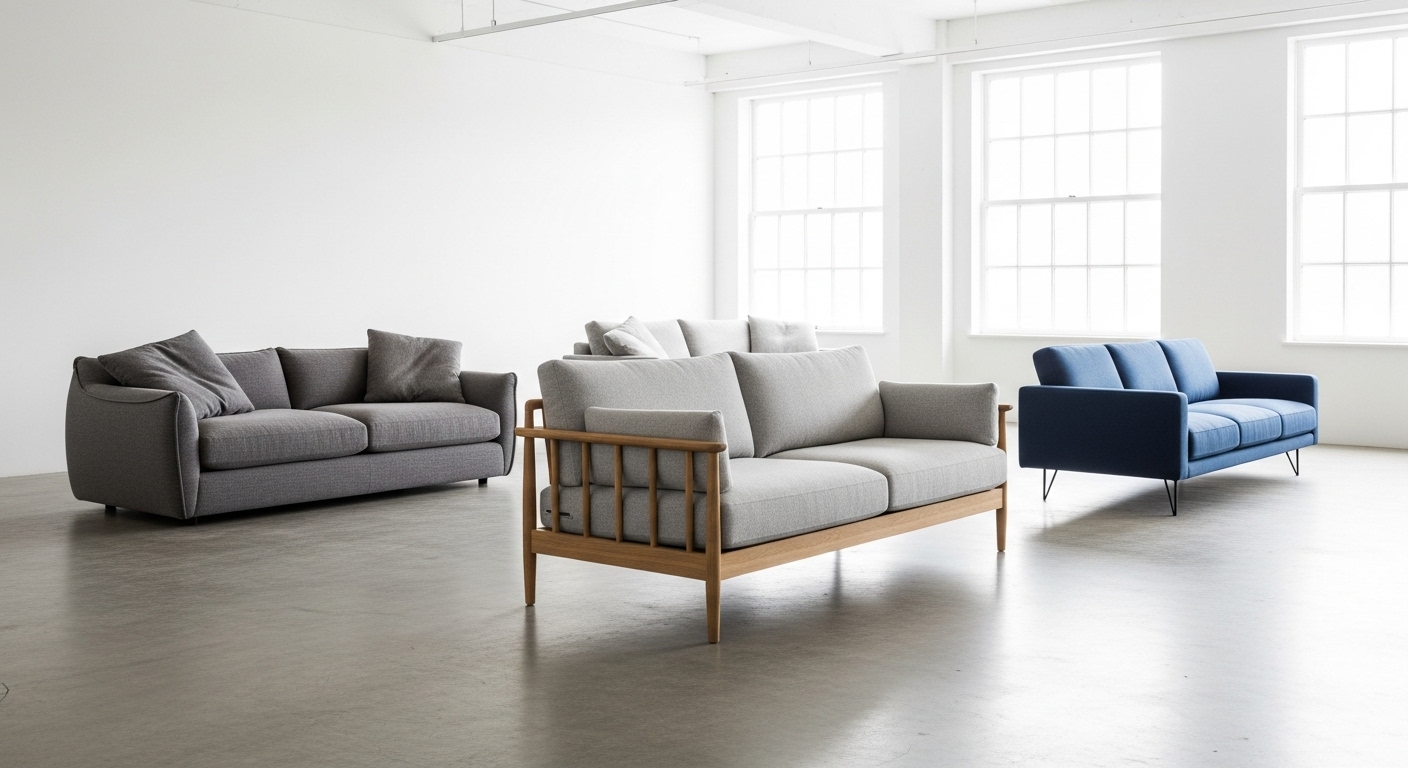 深い座面のローソファ、木製フレームのソファ、スチール脚のコンパクトソファの3種類を比較。