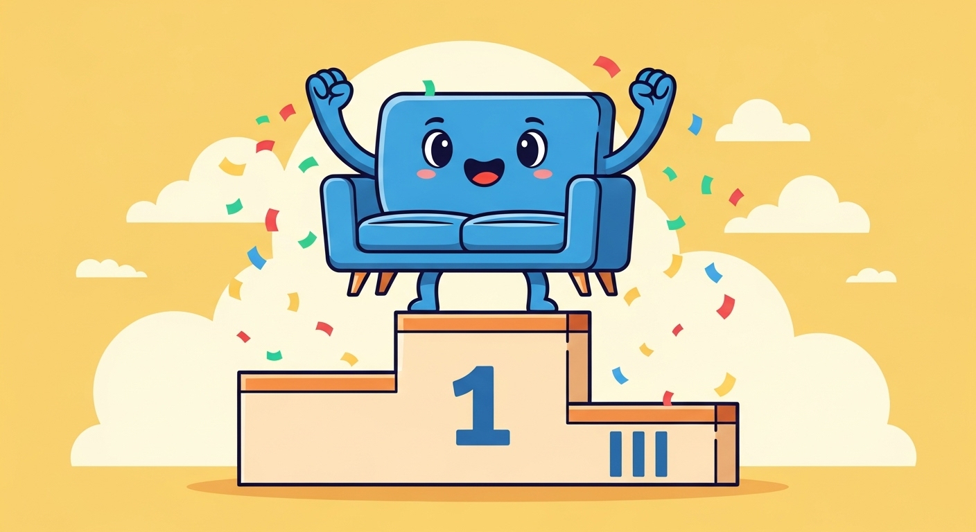 表彰台のトップで万歳する、キャラクター化されたモダンなソファのイラスト。