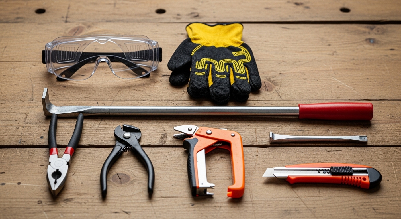 ソファの解体リメイクに必要な道具（ゴーグル、手袋、バール、ペンチ、タッカー外し）が作業台に並べられている様子