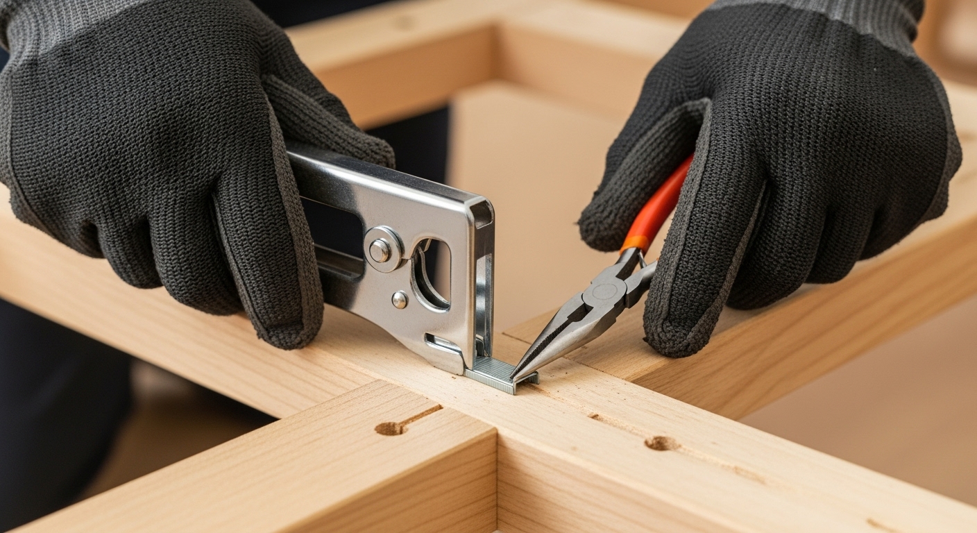 DIYでソファを解体中、手袋をはめた手で木製フレームに打ち込まれたタッカー（ホッチキス）の針をペンチで引き抜いている様子