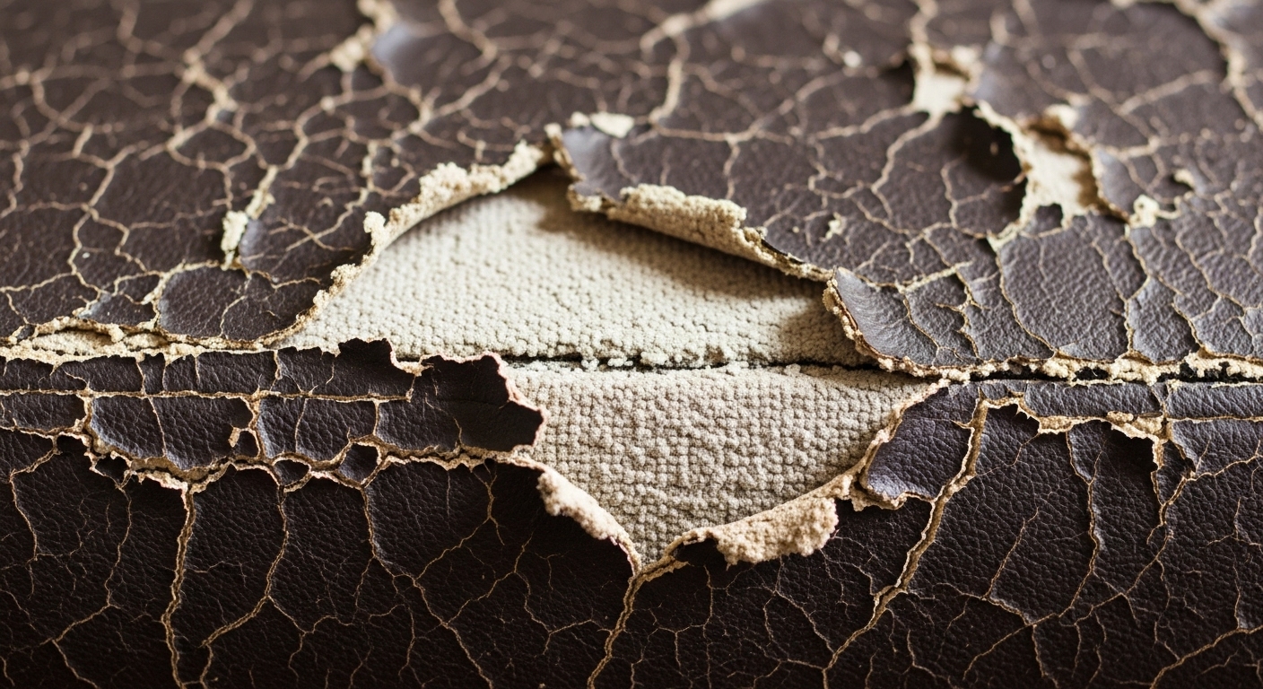 経年劣化した合皮ソファの表面が、ひび割れてボロボロと剥がれ落ちている状態のクローズアップ