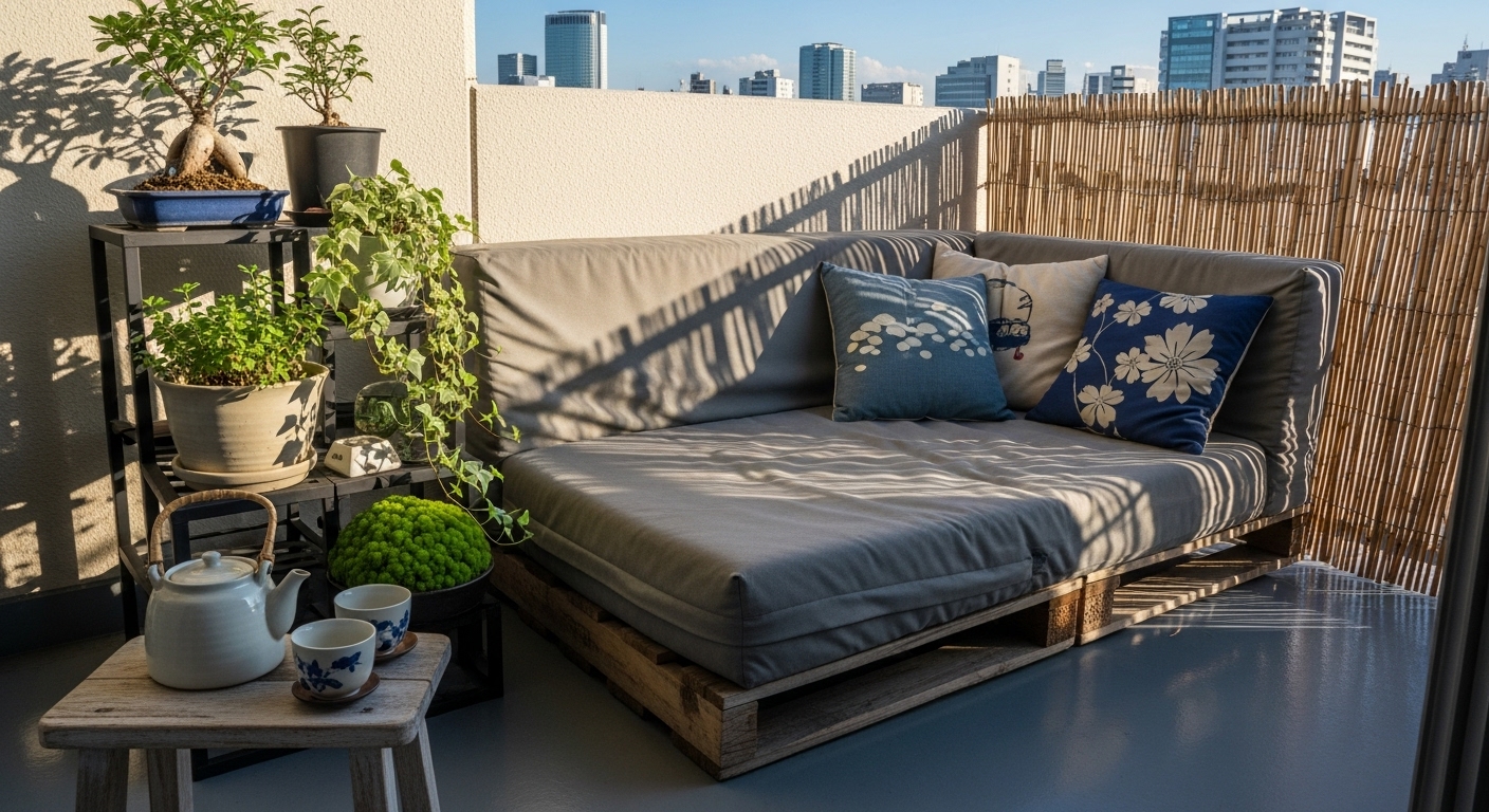 解体したソファのウレタン（スポンジ）を再利用して作られた、ベランダ用のDIYガーデンソファ