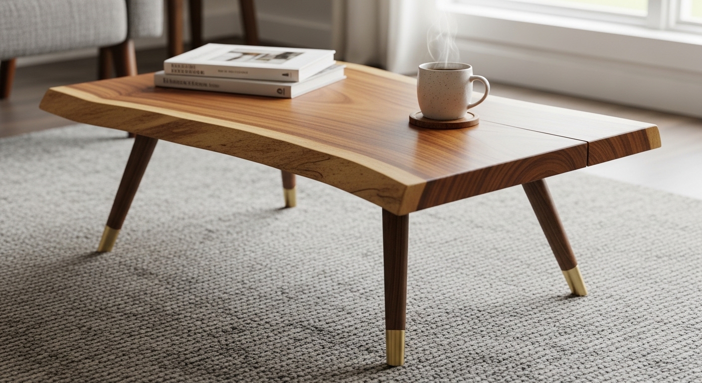 ソファの解体で出た脚を再利用し、木製の天板を取り付けてDIYされたおしゃれなローテーブル