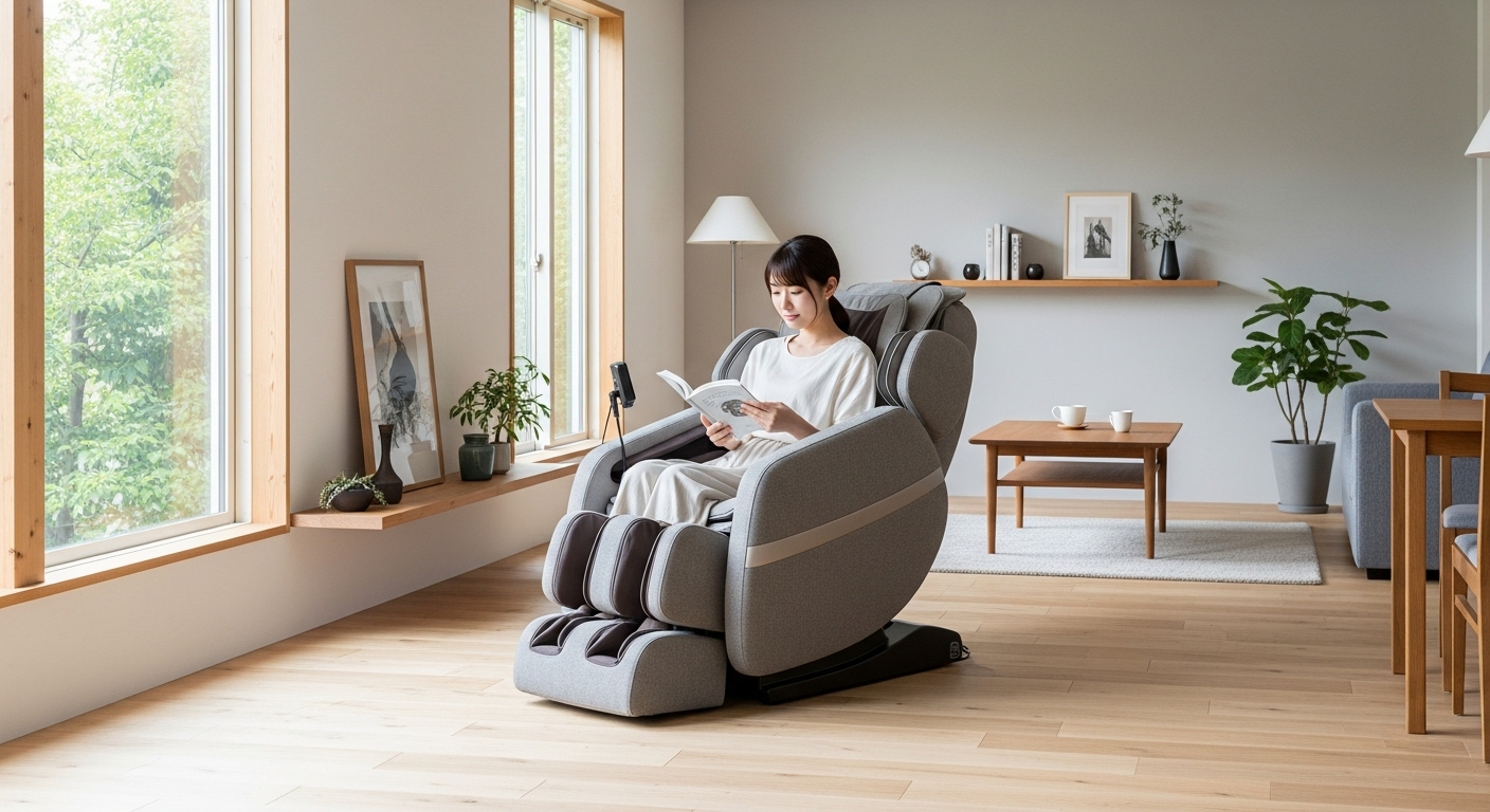 ソファ代わりにリビングに置かれたおしゃれなマッサージチェアでくつろぐ日本人女性。