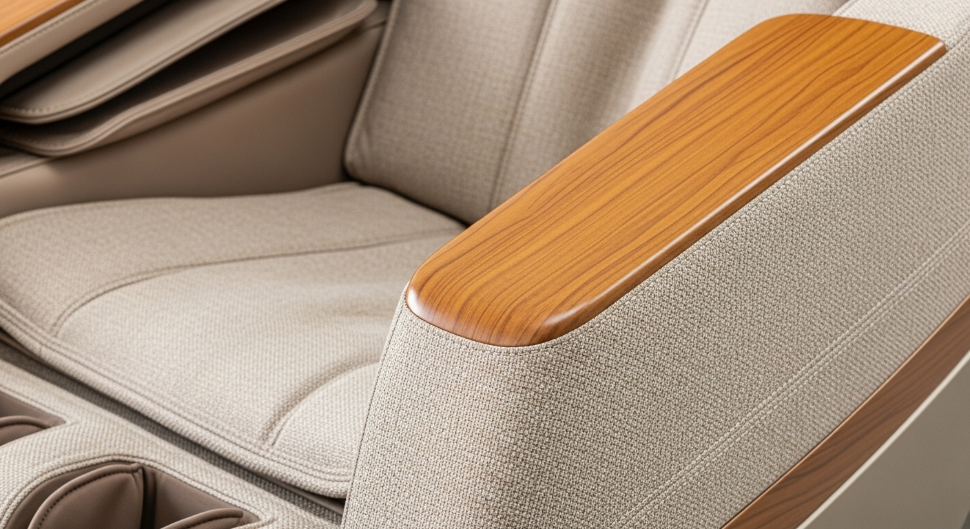 北欧風インテリアに馴染む、ファブリック素材と木製アームのおしゃれなマッサージチェア。