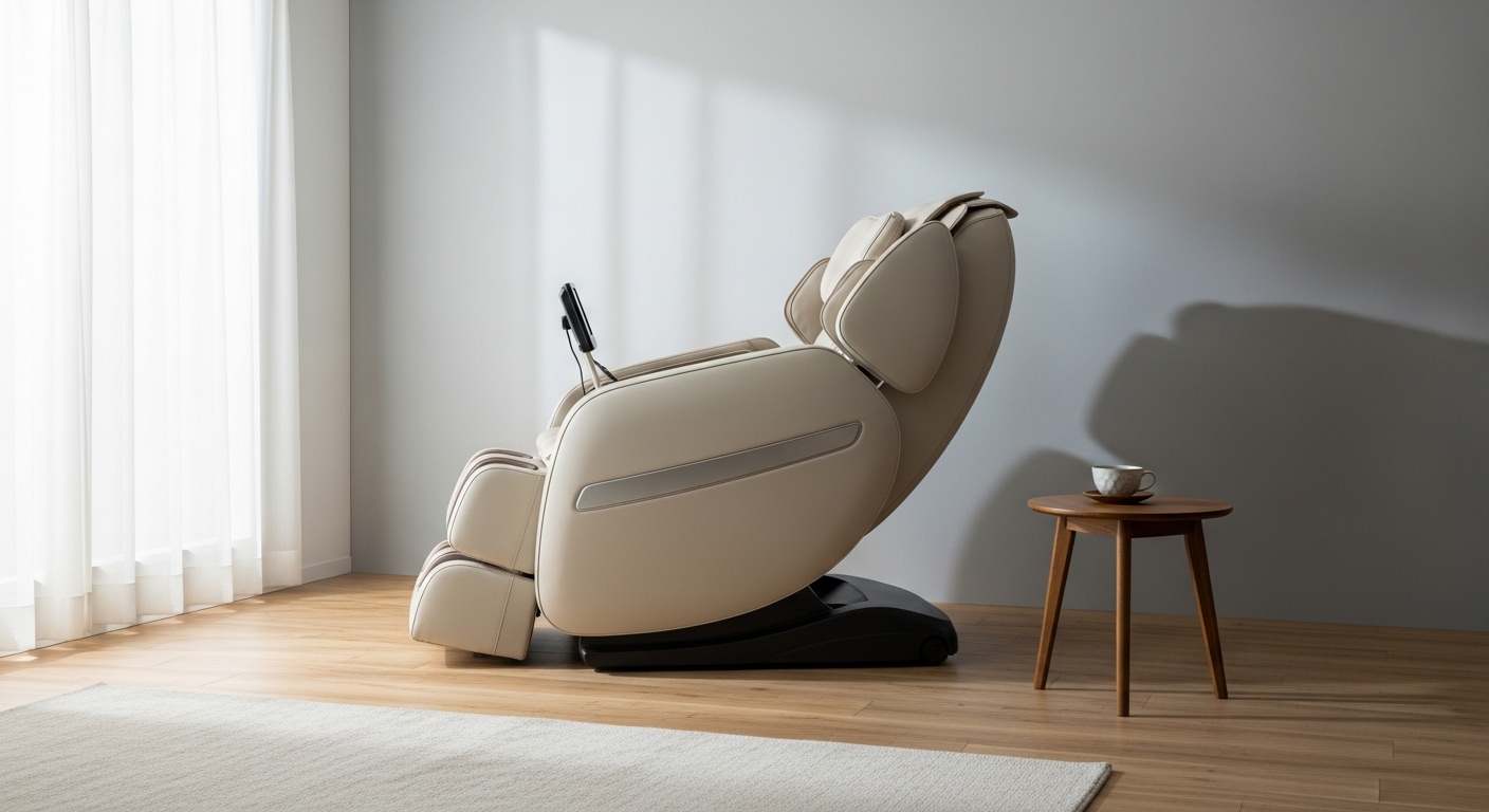 パナソニックEP-MP65のような、壁際10cmに設置可能なスライドリクライニング機能を持つコンパクトなマッサージソファ。