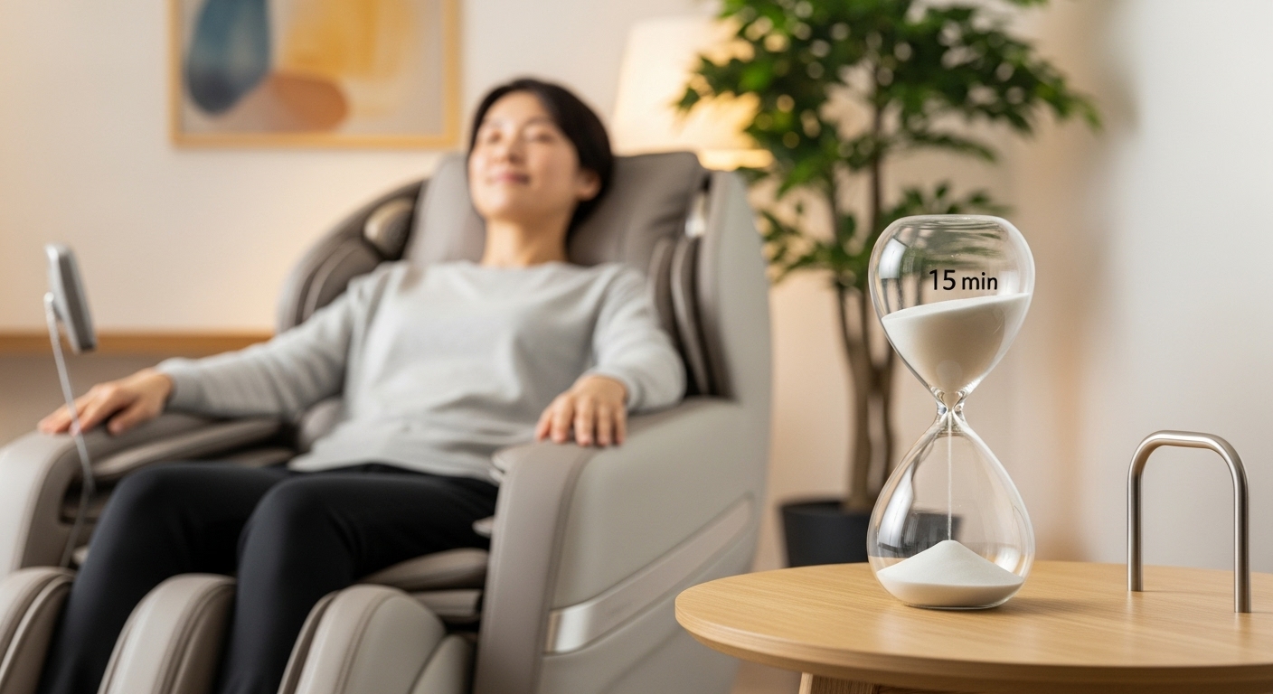 マッサージチェアの使いすぎを防ぐため、15分のタイマー(砂時計)で時間を計るイメージ。