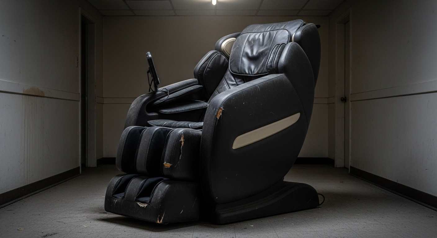 寿命を迎え、処分を待つ古くなったマッサージチェア。
