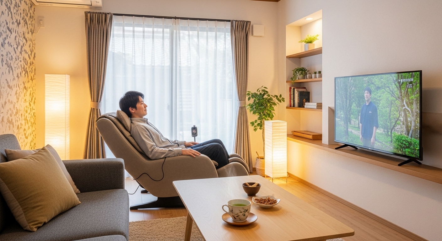 ソファ代わりのマッサージチェアで、テレビを見ながらマッサージ機能を使ってくつろぐ日本人男性。