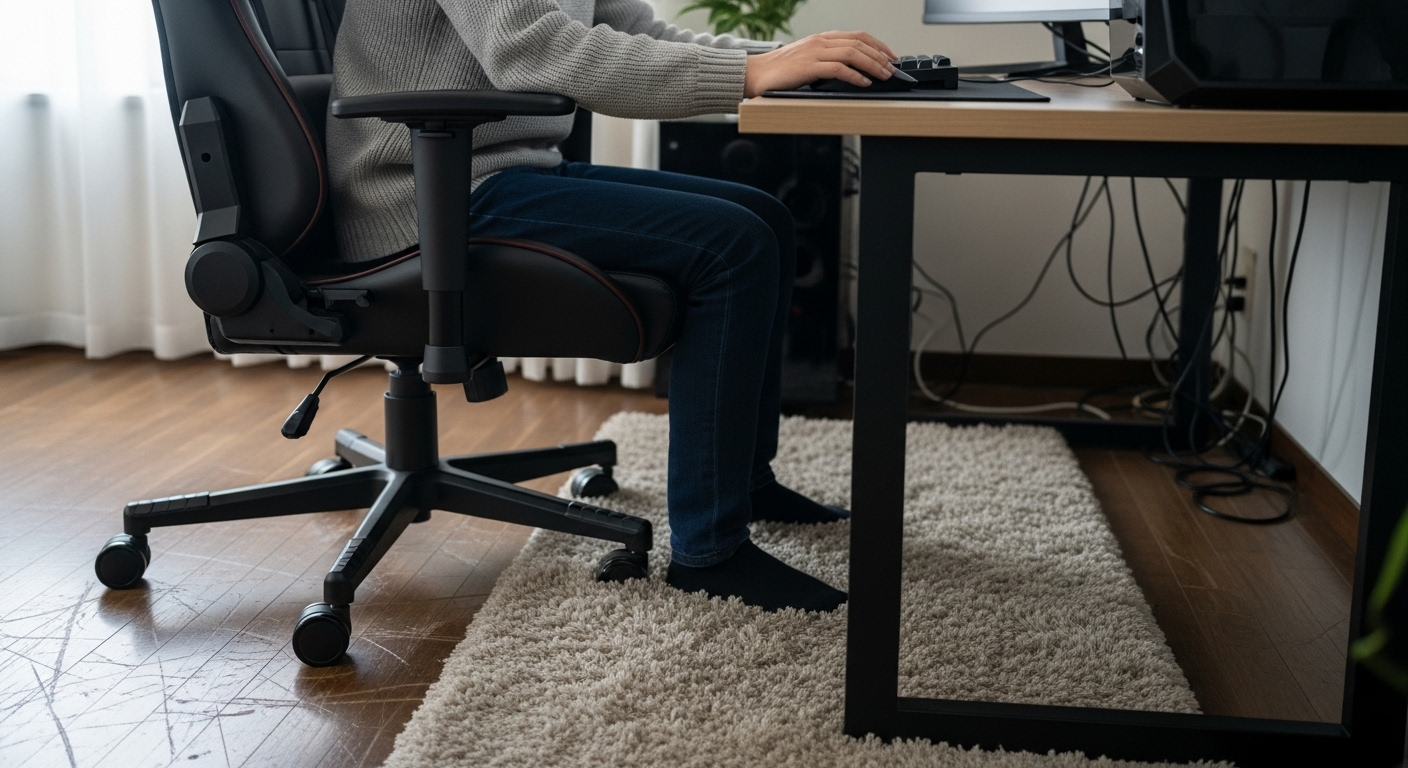 フローリングに傷がついた床と、ラグの上で動きにくそうにしているキャスター付きの椅子に座る日本人の様子。