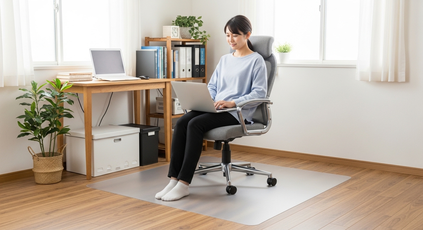 透明なポリカーボネート製チェアマットを敷いたおしゃれなオフィス環境で快適に作業する日本人の様子。