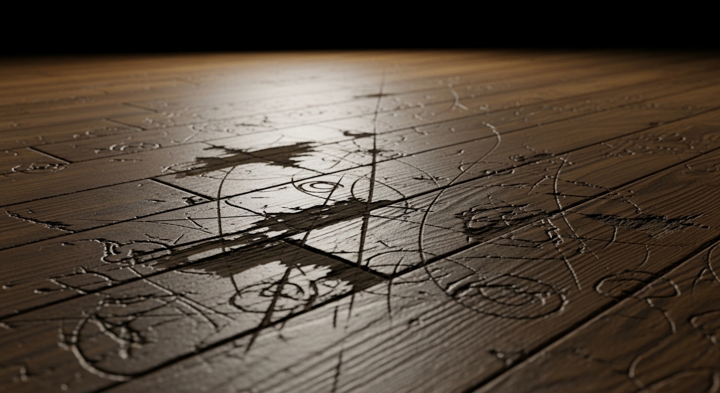 キャスター付きの椅子によって深く傷つき、へこんだフローリングの床のクローズアップ。