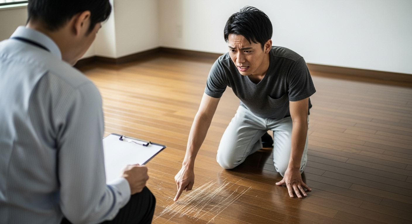 賃貸物件の退去時、床の傷を指さされ、修繕費用の見積もりを見て困惑する日本人の男性。