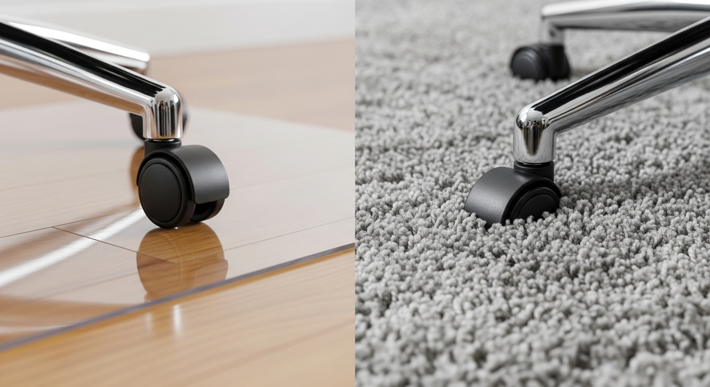 チェアマットの上でスムーズに動くキャスターと、毛足の長いラグに沈み込むキャスターの比較画像。