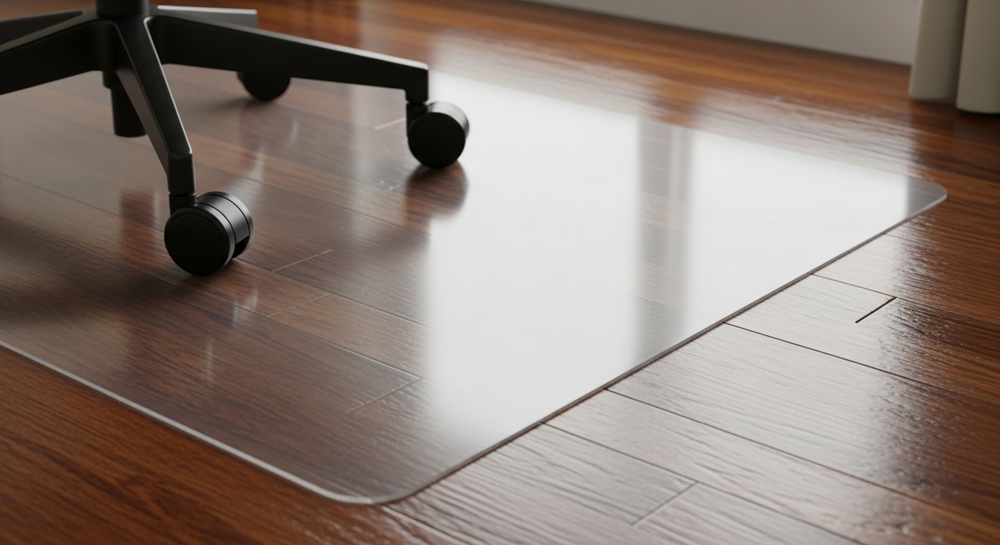 高品質で透明なポリカーボネート製チェアマットのクローズアップ。フローリングの木目を活かしつつ保護している。
