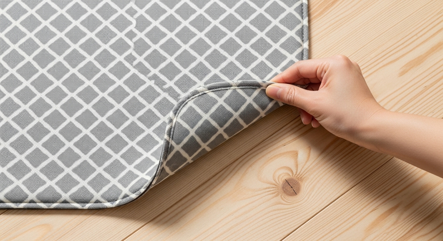 裏面が吸着加工されたカーペットタイプのチェアマットの角をめくり、床に強力に貼り付いている様子を示す画像。