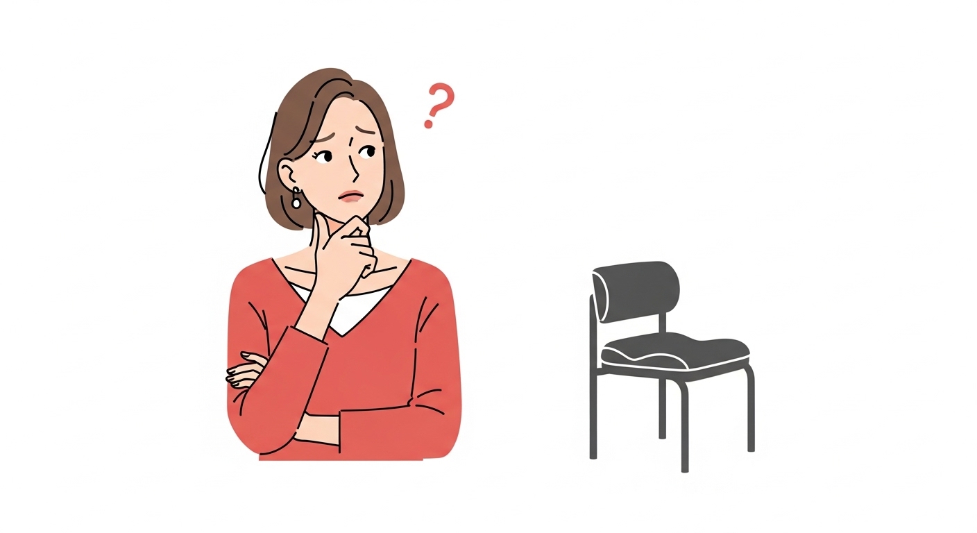 スタイル ドクターチェアプラスの姿勢矯正効果について疑問を持ち、悩んでいる女性のイラスト