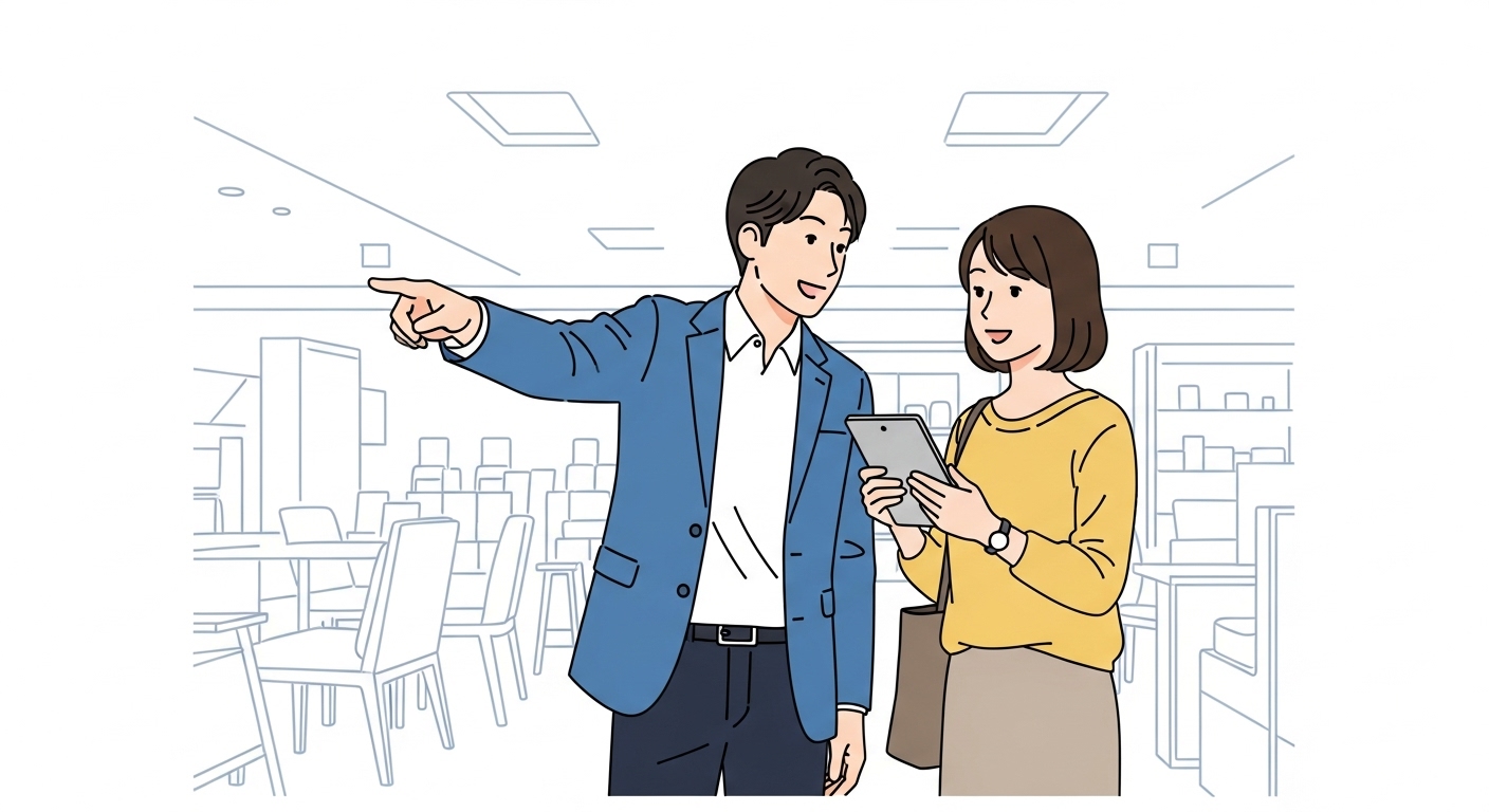 店舗で商品について相談しながら購入を検討する日本人カップルのイラスト