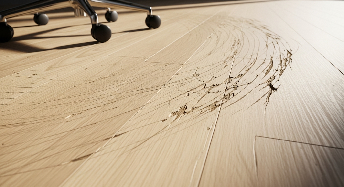 オフィスチェアのキャスターによって深く傷つき、凹んだフローリングの床。