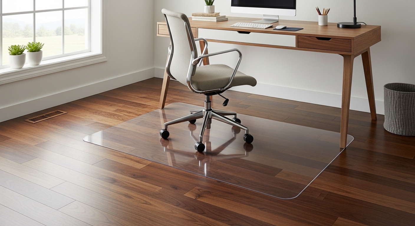 美しい木目のフローリングの上に敷かれた、景観を損なわない透明なチェアマット。