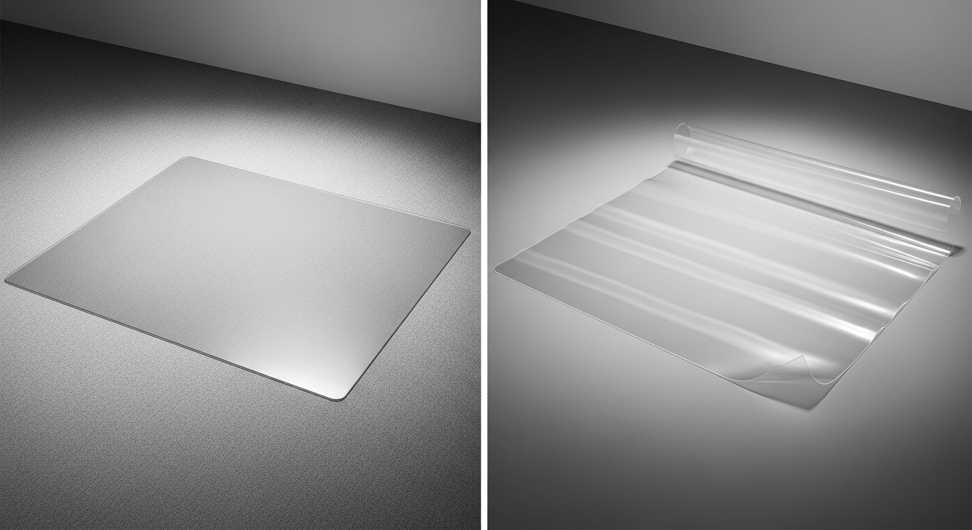 硬く平らなポリカーボネート製マットと、薄く波打ったPVC製マットの素材比較。