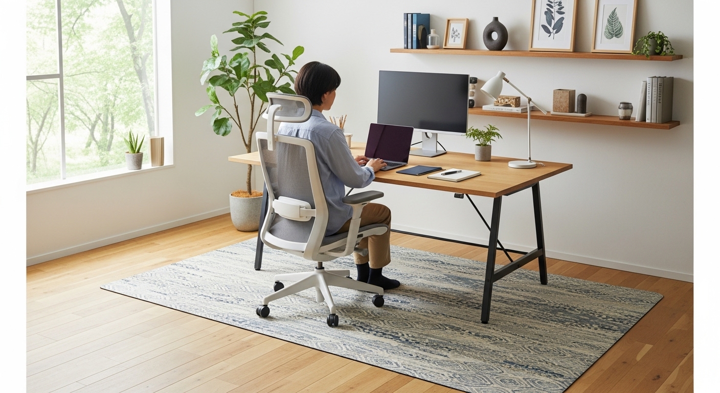 透明ではないおしゃれなデザインの大型チェアマットでデメリットを回避するデスク周り。