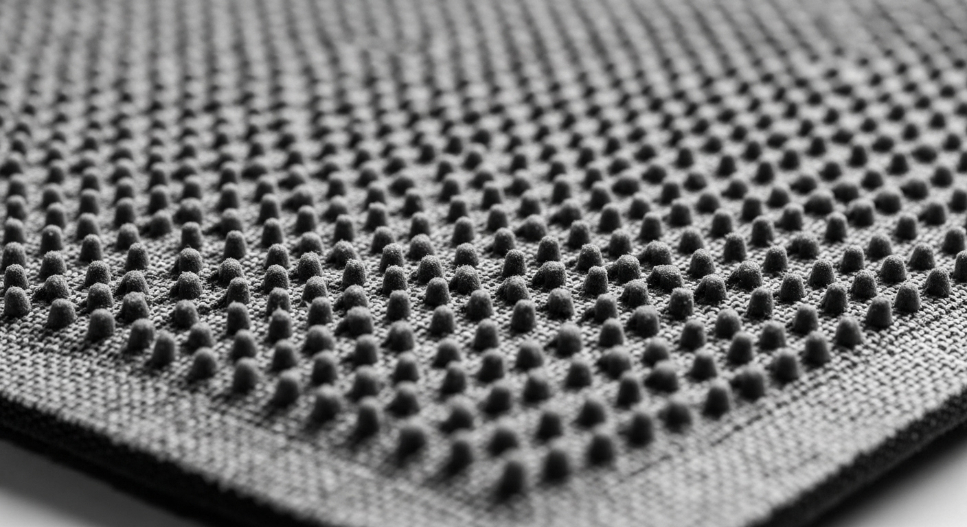 床に強力に固定される、布製チェアマットの裏面にある吸着滑り止め加工の拡大図。