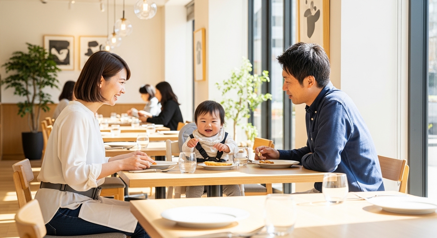 レストランの椅子にチェアベルトで安全に座る赤ちゃん