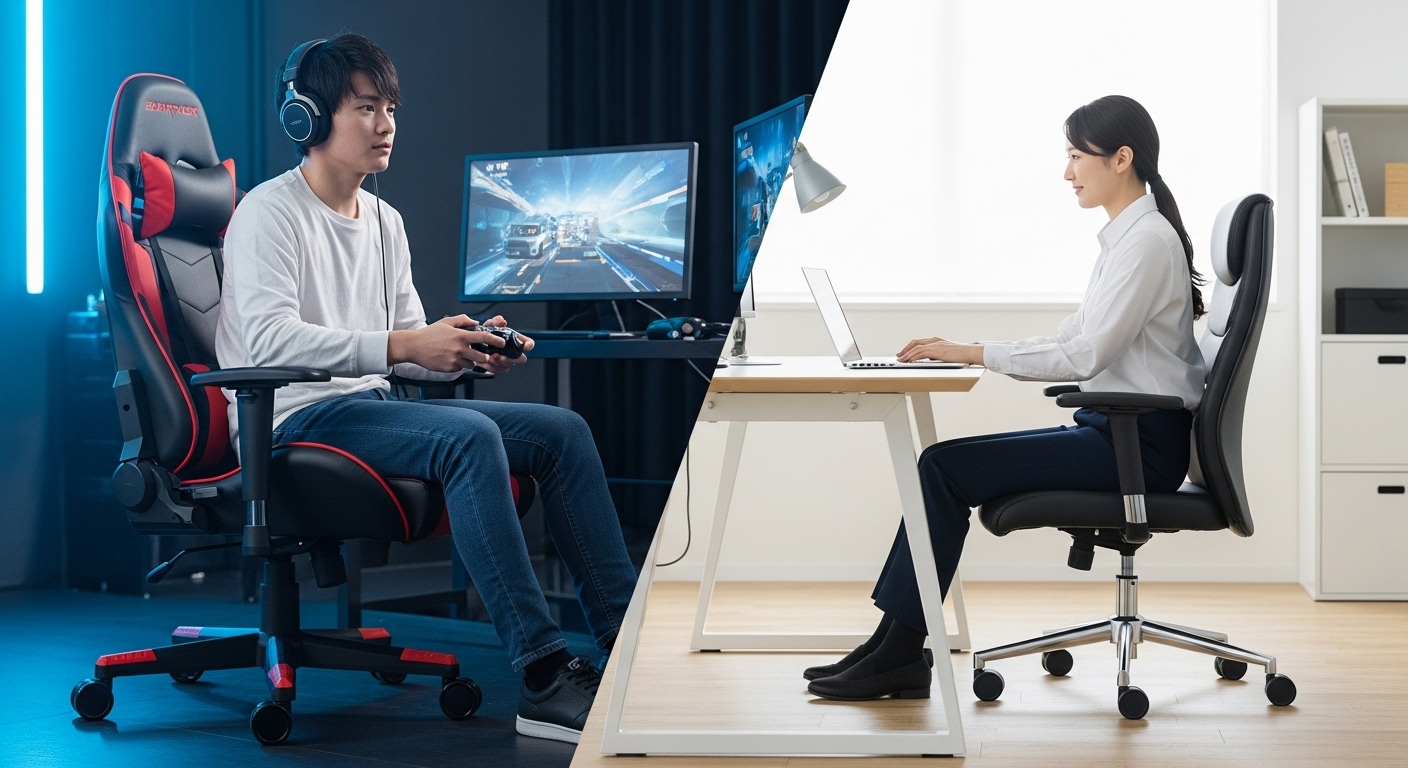 ゲーミングチェアとオフィスチェア、それぞれの特徴と使用シーンを対比させた画像。ゲーミングチェアでは若い男性がゲームをしており、オフィスチェアでは女性がパソコン作業をしている。