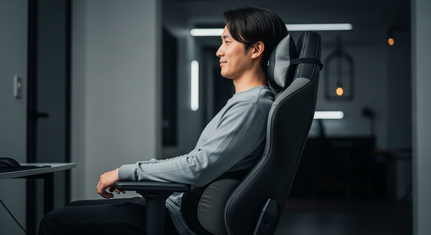 ゲーミングチェアに深く座り、ヘッドレストとランバーサポートを適切に使用して正しい姿勢を保っている男性の画像。快適さと集中力を表現している。