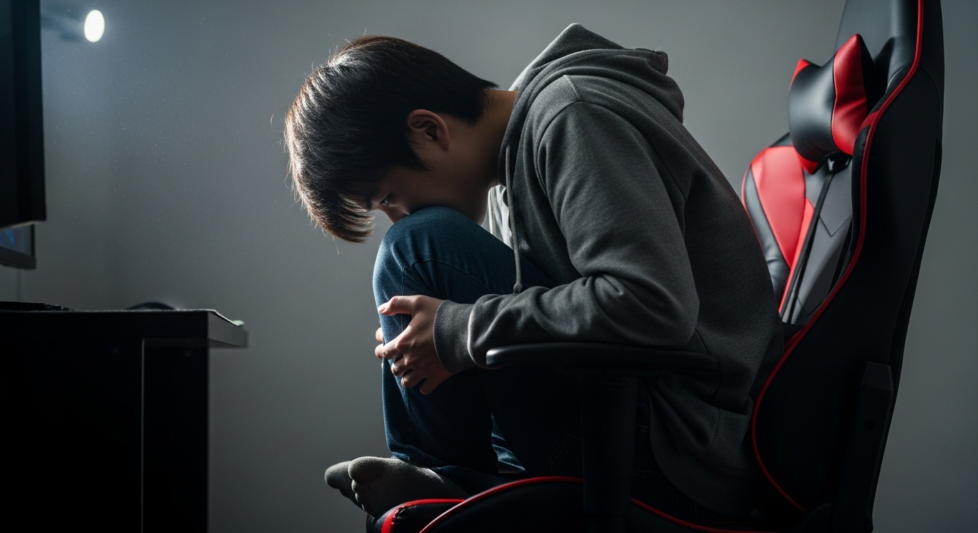 ゲーミングチェアに座り、お尻を浅くして猫背になっている、悪い座り方の男性の画像。腰に負担がかかっている様子。