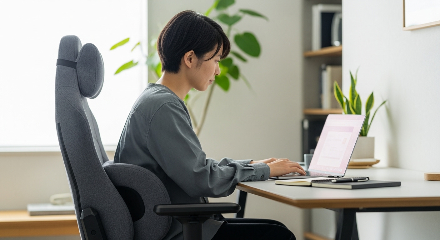 自宅のワークスペースでゲーミングチェアに座り、PC作業を行う男性の画像。ゲーミングチェアが仕事用としても機能することを示唆している。