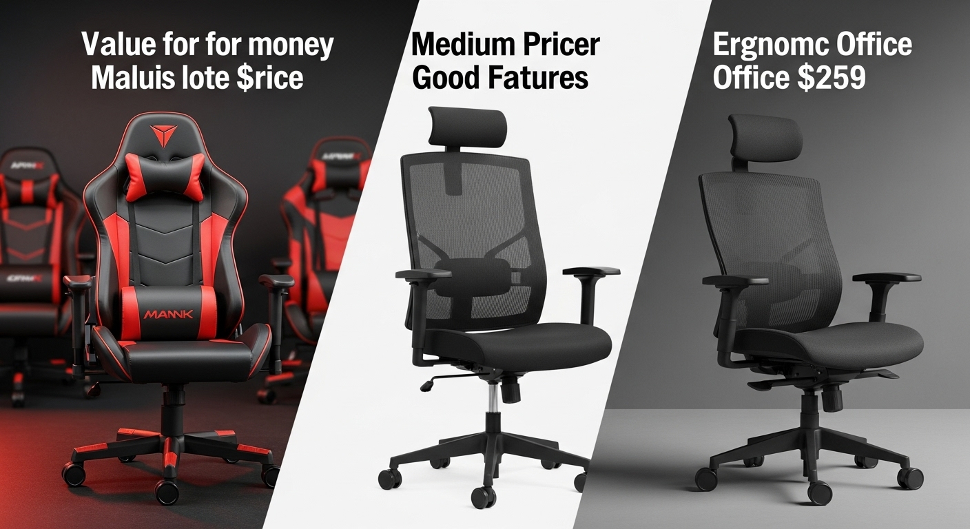 低価格帯の多機能ゲーミングチェア、中価格帯のオフィスチェア、高価格帯の高級オフィスチェアが並び、予算と機能の多様性を比較している画像。