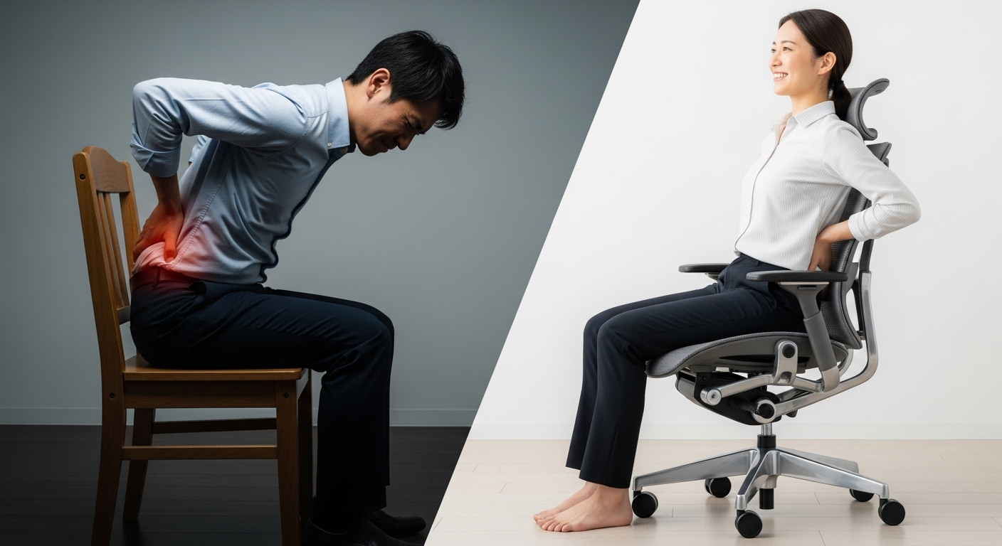 ランバーサポートのない椅子に座って腰痛に苦しむ人と、調整可能なランバーサポート付きのオフィスチェアに快適に座っている人を比較した画像。腰痛対策におけるランバーサポートの重要性を示している。