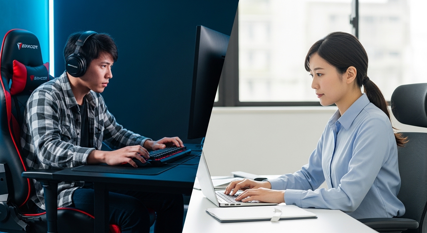 ゲーミングチェアでゲームに集中する男性と、オフィスチェアで仕事をする女性の対比。それぞれの椅子が用途に特化している様子を示している。