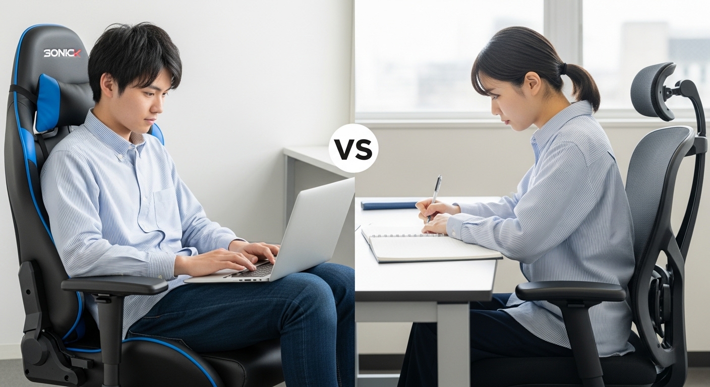 ゲーミングチェアでノートPCを使って勉強する学生と、オフィスチェアで机に向かいノートを取る学生を比較した画像。学習スタイルによる椅子の向き不向きを示している。