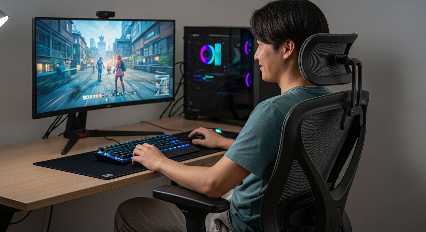 高機能なメッシュタイプのオフィスチェアに座り、快適そうにPCゲームをプレイしている男性の画像。高級オフィスチェアがゲーム用途にも適していることを示している。