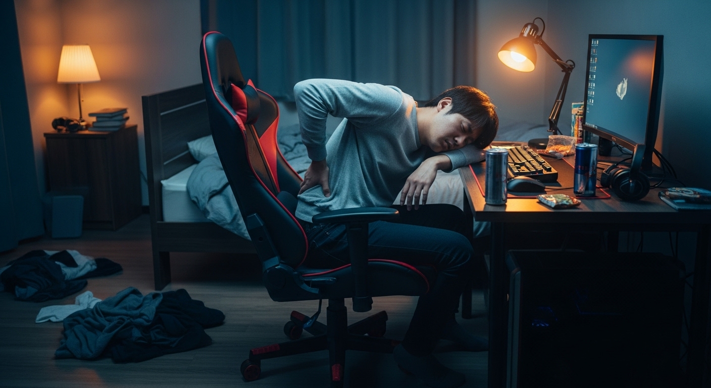 ゲーミングチェアで不自然な姿勢で寝てしまい、腰に痛みを感じている様子の日本人男性。