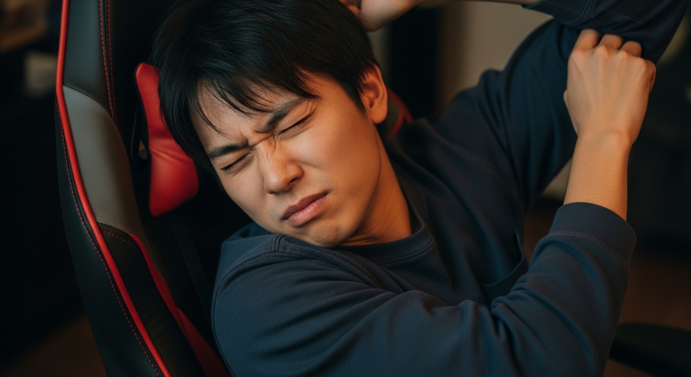 ゲーミングチェアのバケットシートで寝返りが打てず、窮屈そうにしている様子。