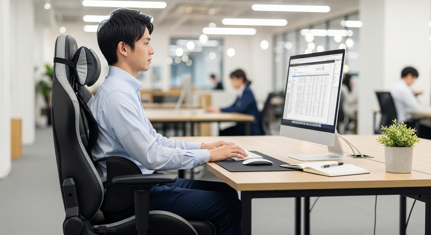 ゲーミングチェアに正しい姿勢で座り、快適にデスクワークをする日本人男性。