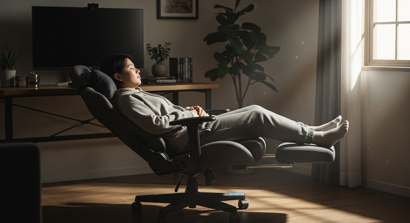 ゲーミングチェアのリクライニングとフットレストを使い、快適に仮眠をとる日本人。