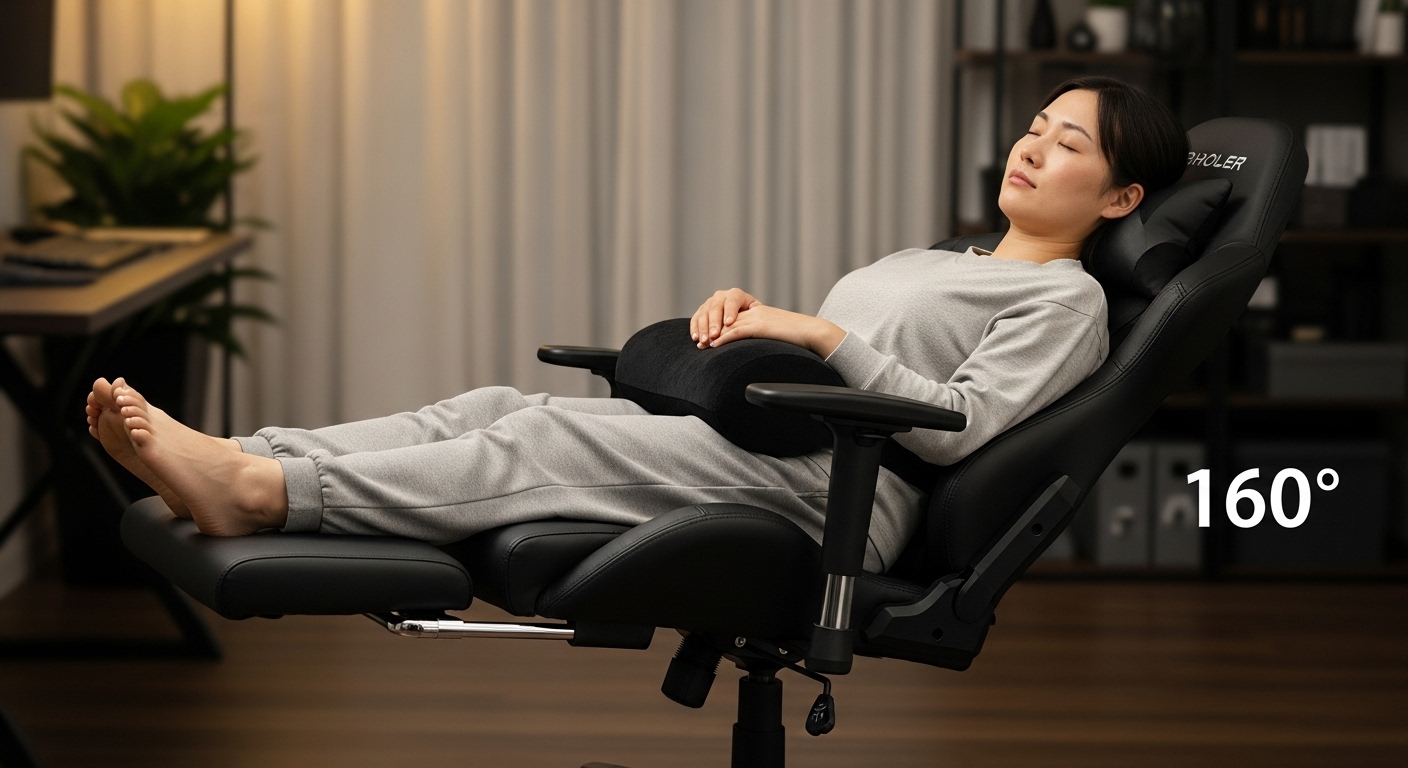 フットレストを使い、安全な角度(160度)でゲーミングチェアで仮眠している正しい例。