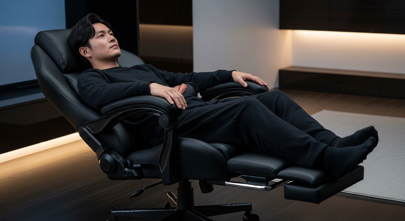 高品質なファブリック素材のゲーミングチェアで、フットレストを使いリラックスしている日本人。