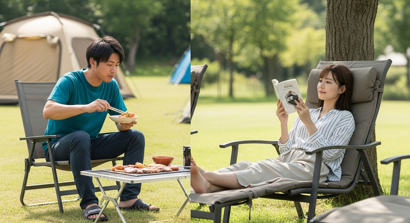 アームチェアで食事をする日本人男性とリゾートチェアでくつろぐ日本人女性の座り心地の比較