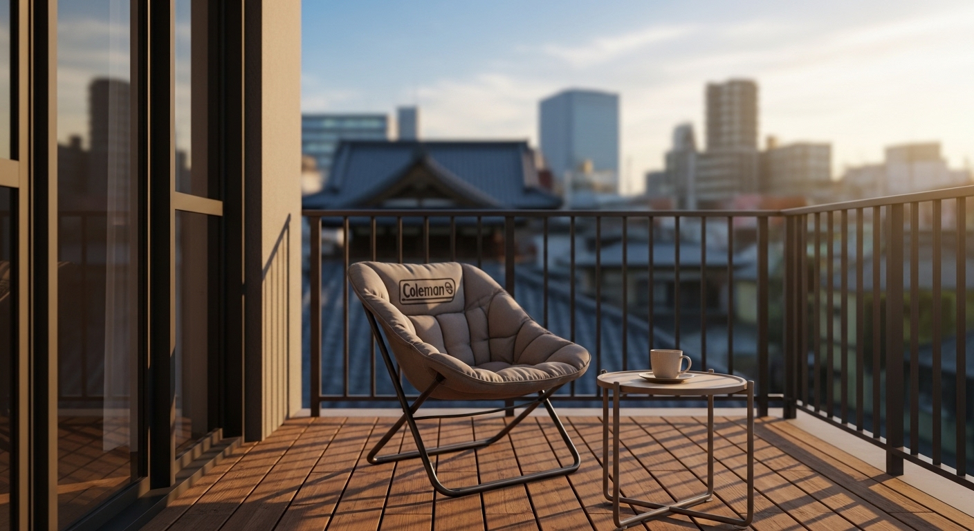 マンションのベランダに置かれたコールマンのリゾートチェアとコーヒーカップ