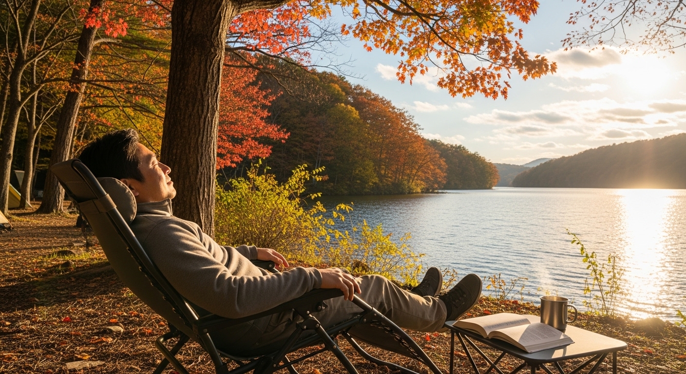 コールマンのインフィニティチェアで最高のリラックスを体験する日本人男性