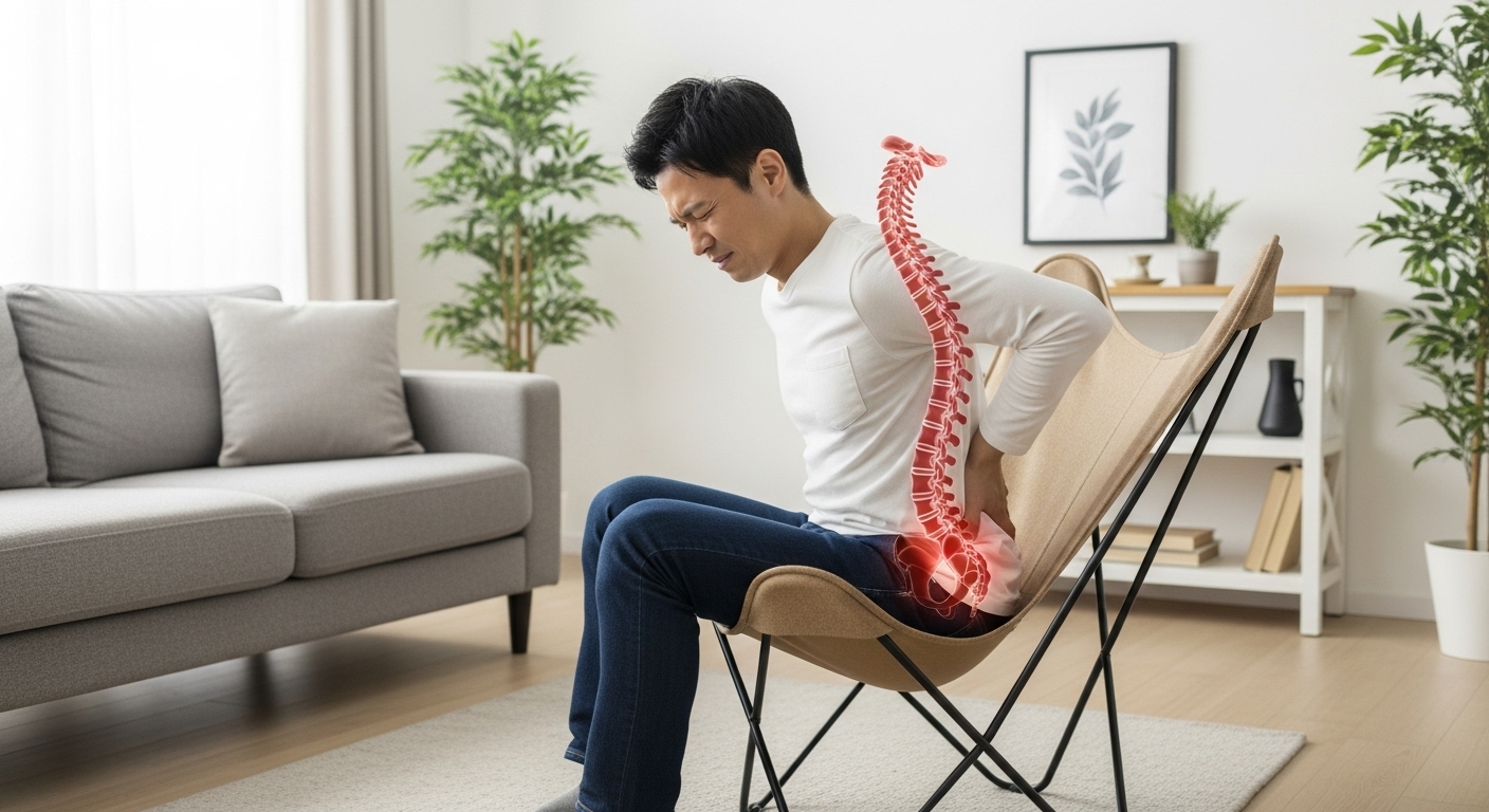 深く沈むバタフライチェアに座り、腰を痛そうに押さえているアジア人男性と、背骨がC字カーブを描いていることを示すイラスト。